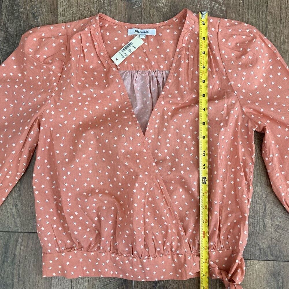 Madewell Star Scatter Wrap Top Peach Blush 100% Cotton 3/4 Sleeve Tie Waist XS - Picture 7 of 10